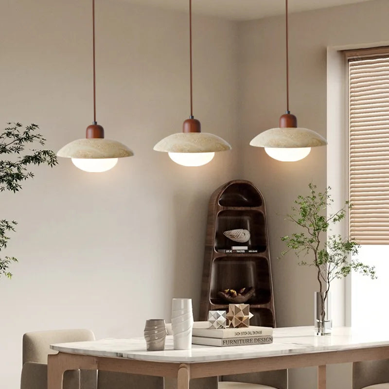 Suspension LED Wabi Sabi - Lampe à Pendentif avec Base en Pierre Naturelle et Bois pour Salon