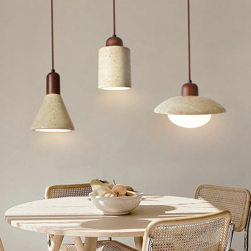 Suspension LED Wabi Sabi - Lampe à Pendentif avec Base en Pierre Naturelle et Bois pour Salon