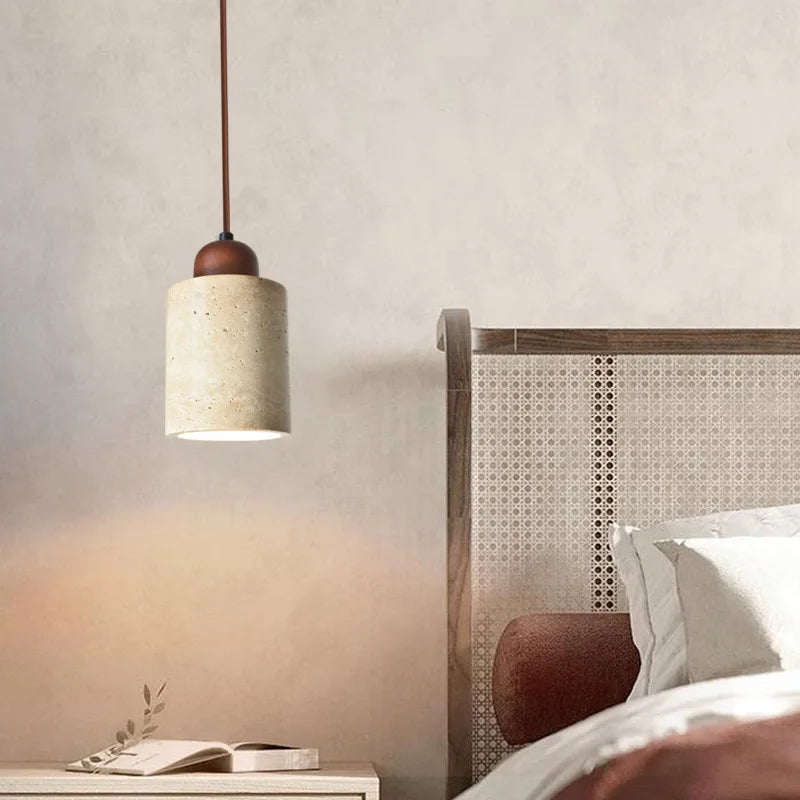 Suspension LED Wabi Sabi - Lampe à Pendentif avec Base en Pierre Naturelle et Bois pour Salon