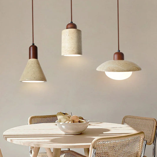 Suspension LED Wabi Sabi - Lampe à Pendentif avec Base en Pierre Naturelle et Bois pour Salon