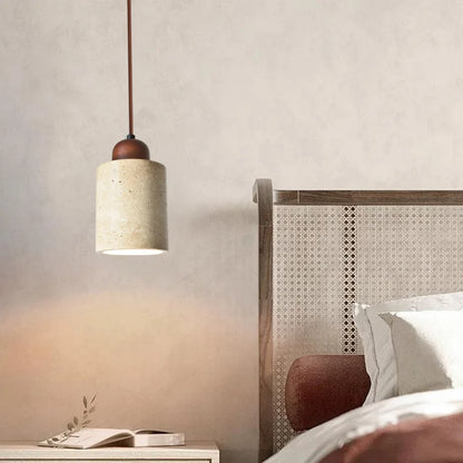 Suspension LED Wabi Sabi - Lampe à Pendentif avec Base en Pierre Naturelle et Bois pour Salon